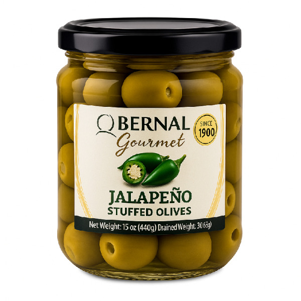 Купити Оливки з халапеньо Bernal Gourmet - зелені оливки з вогненною начинкою з Іспанії!  Ідеальний делікатес для любителів пряного, яскравого смаку та ресторанних вражень. — преміальні Оливки · Маслини від Cheese Map™ Україна