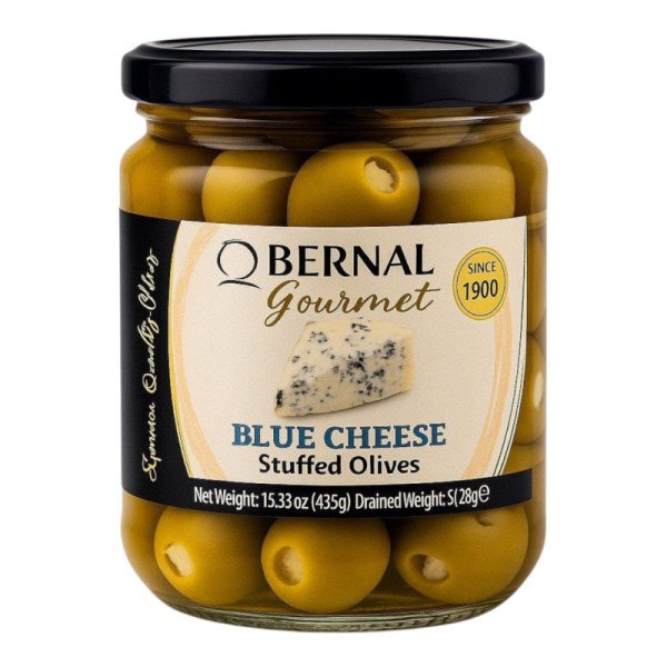 Купити Зеленые оливки, фаршированные сыром с голубой плесенью Bernal (Испания) – гастрономическая роскошь для гурманов и HoReCa!  Фасовка стекло 0.436 / 0.25 кг — премиум-вкус Средиземноморья в каждой банке! — преміальні Оливки · Маслини від Cheese Map™ У