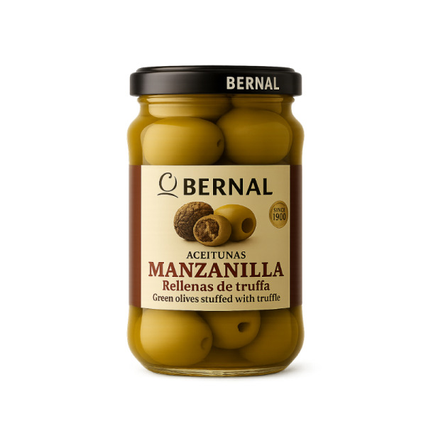 Купити Bernal Manzanilla - зелені оливки з чорним трюфелем, скло 180 г, преміум Іспанія — преміальні Оливки · Маслини від Cheese Map™ Україна