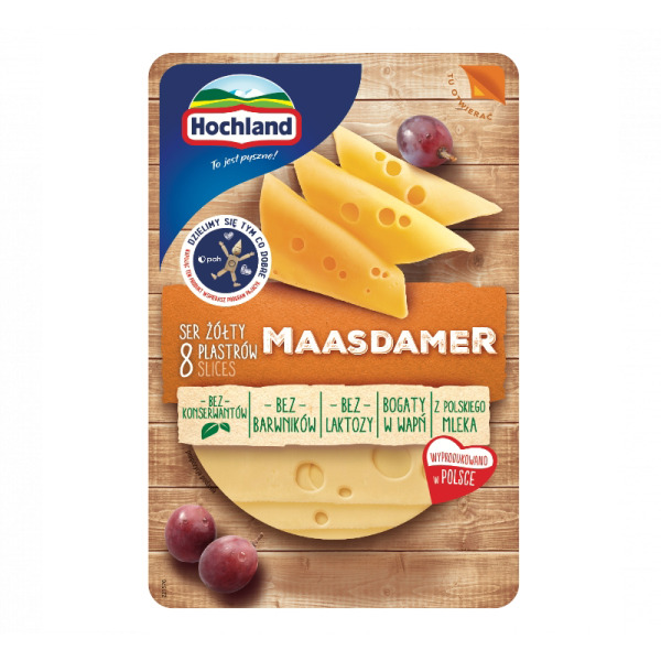 Купить Сыр Маасдамер в нарезке Hochland 135 г – нежный ореховый вкус и эластичная текстура! — премиальные Hochland · Кремовые от Cheese Map™ Украина