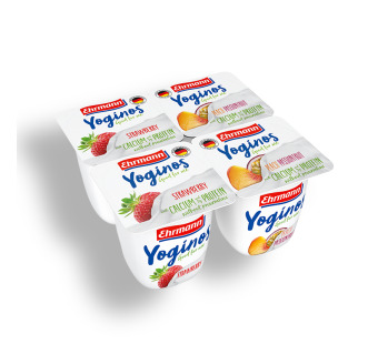 Йогурт с клубникой, персиком и маракуей "Yoginos Good for Me Ehrmann" Германия 4*0.1 kg - фото | Сирна Карта