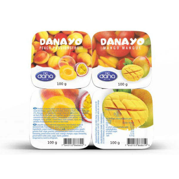 Купити Йогурт з  полуницею, персиком та маракуєю  Long Life Yogurt Danayo Німеччина 4 * 0.1 kg — преміальні Йогурти · Кремові від Cheese Map™ Україна