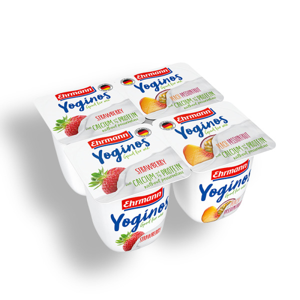 Купити Йогурт з  полуницею, персиком та маракуєю  Yoginos Good for Me Ehrmann Німеччина 4 * 0.1 kg — преміальні Йогурти · Кремові від Cheese Map™ Україна
