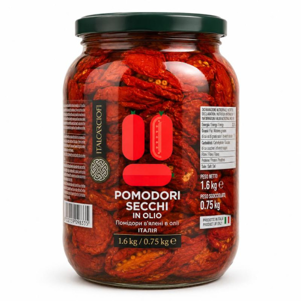Купити Помідори вялені в олії ItalCarciofi Італія фасування скло 1.6 / 0.75 kg — преміальні Овочі · Антипасті від Cheese Map™ Україна