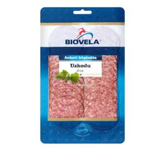 Колбаса сырокопченая нарезка Закусочная "Uzkodu Biovela" Литва фасовка 0.09 kg - фото | Сирна Карта