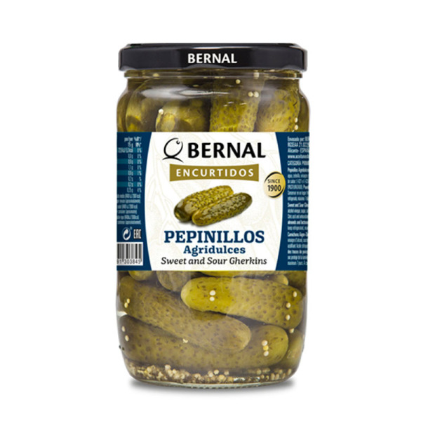Купити Корнішони кисло-солодкі Pepinillos Agridulces Bernal Іспанія фасування скло 0.685/ 0.4 kg — преміальні Овочі · Антипасті від Cheese Map™ Україна