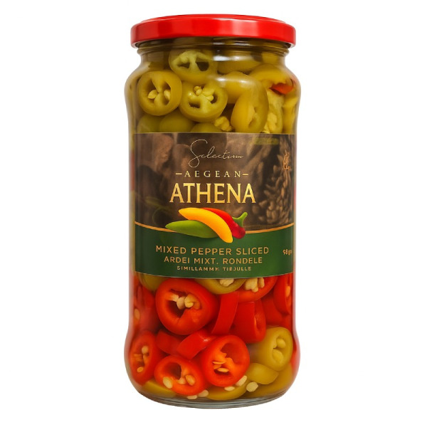 Купить Перец острый маринованный микс Athena – премиум деликатес | Египет, банка стекло 0,58 кг (нетто 0,28 кг) – Сырная Карта — премиальные Овощи · Антипасти от Cheese Map™ Украина
