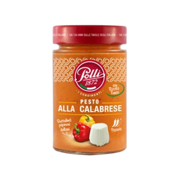 Купити Pesto alla Calabrese Polli 190 г - соус песто з перцем і сиром Рікотта, пряний смак Калабрії в преміальній упаковці!  Ідеальний для пасти, закусок та ресторанної подачі — преміальні Італійські · Піца від Cheese Map™ Україна