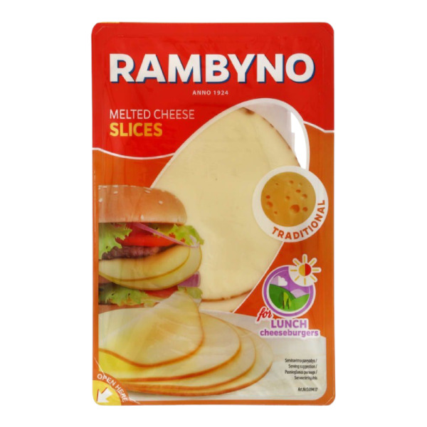 Купити Rambyno Slices Traditional 150 г - натуральний плавлений сир для ідеальних сендвічів та бургерів!  Високоякісна нарізка з мяким смаком - вибір ресторанів та сімей. — преміальні Балтійські · Сири від Cheese Map™ Україна
