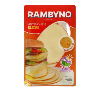 Rambyno Slices Traditional 150 г — натуральный плавленый сыр для идеальных сэндвичей и бургеров!  Высококачественная нарезка с мягким вкусом — выбор ресторанов и семей. - фото | Сирна Карта