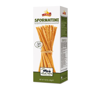 Sfornatini Olive Nere "La Mole" – итальянские хлебные палочки с чёрными оливками, картон 120 г!  Изысканная закуска для гурманов и HoReCa - фото | Сирна Карта