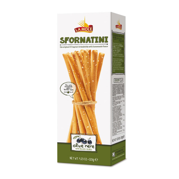 Купить Sfornatini Olive Nere La Mole – итальянские хлебные палочки с чёрными оливками, картон 120 г!  Изысканная закуска для гурманов и HoReCa — премиальные Хлебцы · Крастини от Cheese Map™ Украина