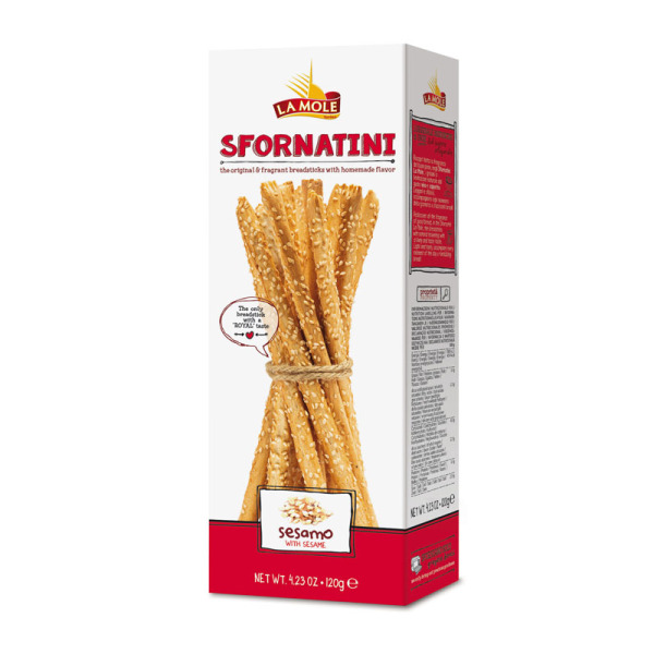Купити Sfornatini Sesamo La Mole - італійські хлібні палички з кунжутом, картон 120 г! — преміальні Хлібці · Крастіні від Cheese Map™ Україна
