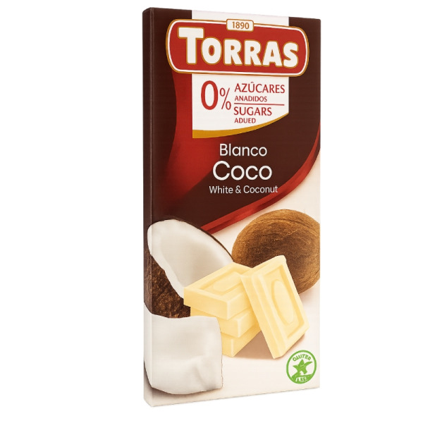 Купити Шоколад білий без цукру Torras Blanco Coco з кокосом | Іспанія | 75 г | Сирна Карта Gourmet — преміальні Шоколад · Цукерки від Cheese Map™ Україна