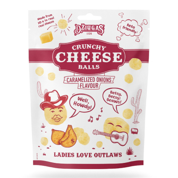 Купити Сирні снеки Džiugas Crunchy Cheese Balls з карамелізованою цибулею – хрумкий смак, якому немає рівних!  Кето-френдлі та 100% сир! — преміальні Dziugas · Витримані від Cheese Map™ Україна