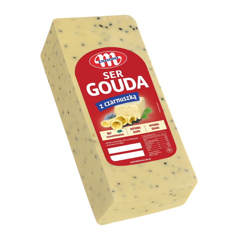 Gouda з чорним кмином від Mlekovita – польський сир зі східним характером!  Смак, який не сплутаєш ні з чим. Ідеальний для сирних тарілок, ресторанної подачі та гурманів. - фото | Сирна Карта